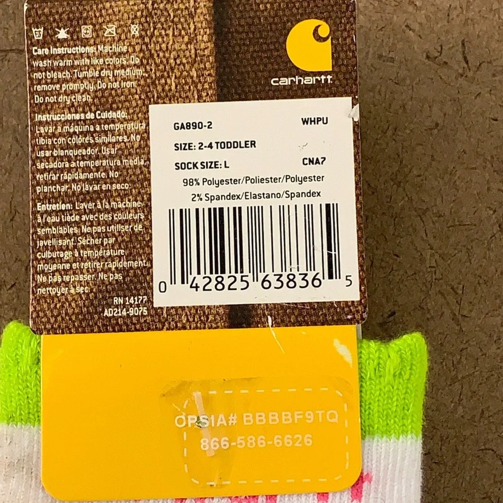 Carhartt Toddler Girls Size Large 2-4 White Graphic 2 Pair Crew Socks NWT